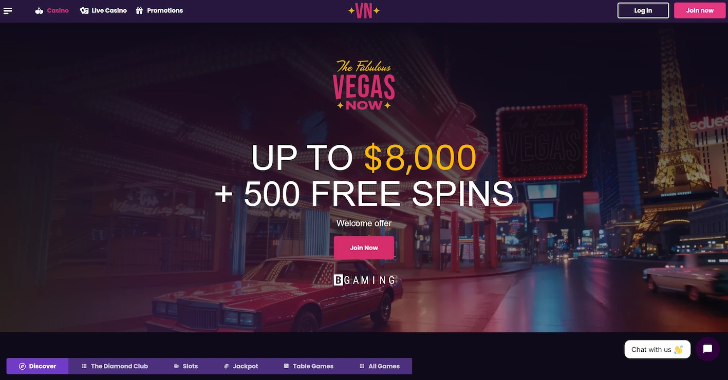 VegasNow casino frontpage featuring welcome bonus offer and site navigation