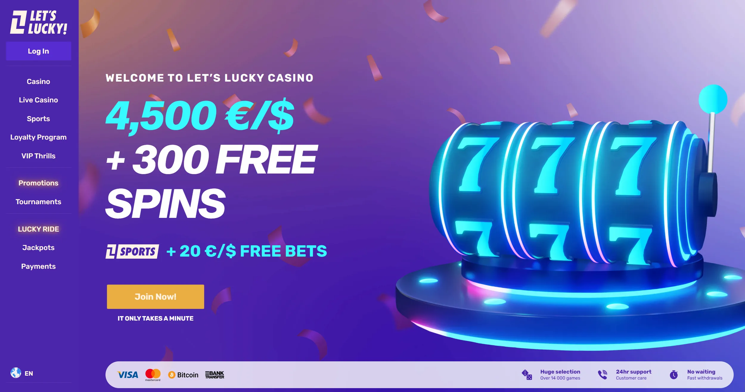 Let's Lucky casino frontpage featuring welcome offer and site main navigation 