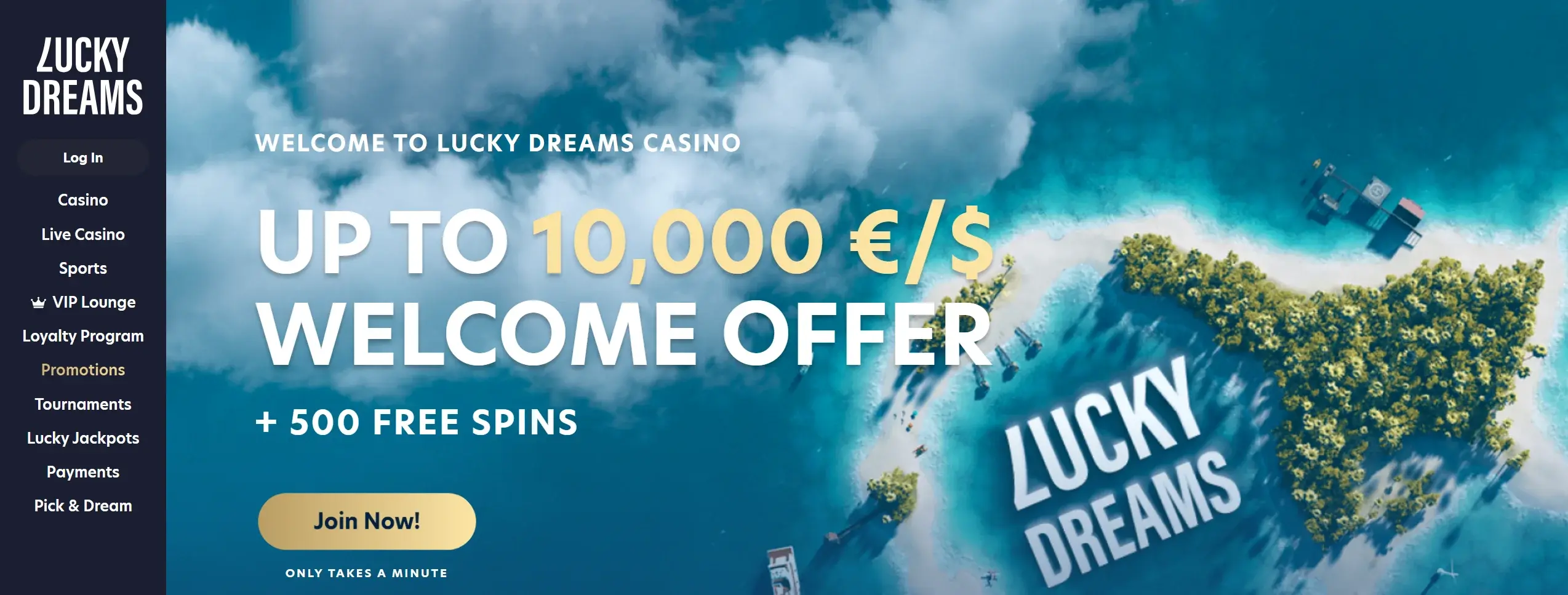 Lucky Dreams casino frontpage featuring welcome offer and site main navigation